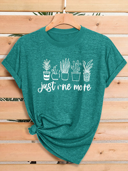 Women'S Green Plant Print T-Shirt with "Just One More" Slogan & Cactus/Succulent Design - Breathable Round Neck Casual Streetwear Top for Gym, Casual Attire, All-Season Comfort - Funny Botanical Graphic Tee for Plant Lovers,