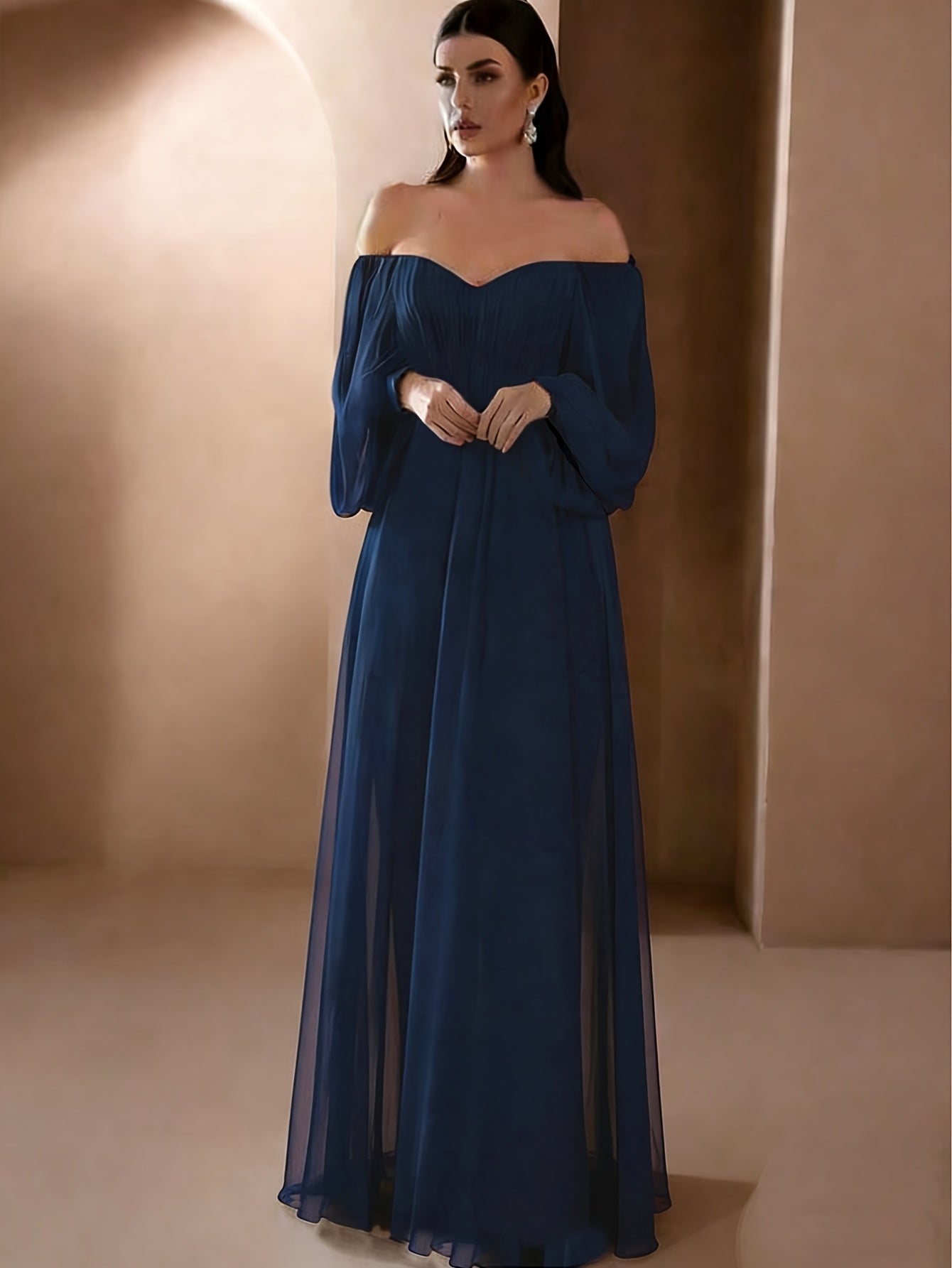 Women'S Elegant Vintage-Inspired One-Shoulder/Off-Shoulder Wedding & Party Dress - Long Sleeve A-Line Chiffon Gown with Puff Sleeve & Train Hem, Solid Formal Evening Gown for Spring Summer Fall, Loose Fit A-Line Silhouette, L