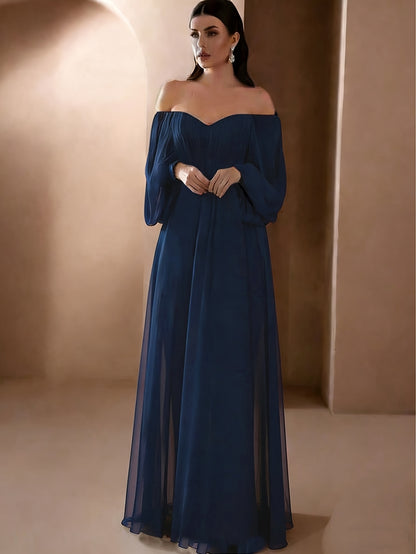 Women'S Elegant Vintage-Inspired One-Shoulder/Off-Shoulder Wedding & Party Dress - Long Sleeve A-Line Chiffon Gown with Puff Sleeve & Train Hem, Solid Formal Evening Gown for Spring Summer Fall, Loose Fit A-Line Silhouette, L