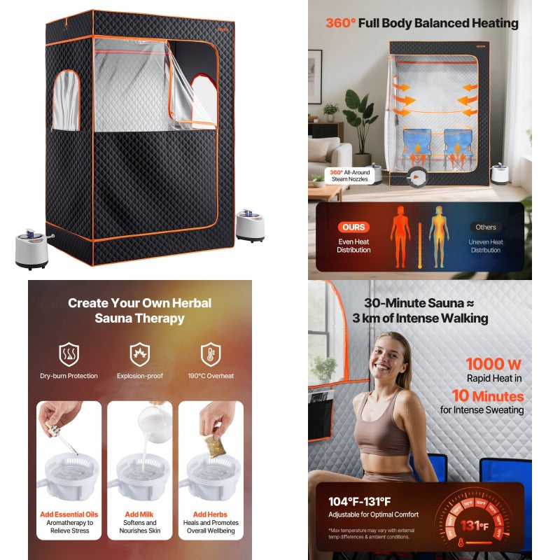 Low Stock Alert VEVOR Upgraded Portable Steam Sauna for Home 2 Person Full Body Home Spa Tent with Steamer and 2 Foldable Chairs and Remote and 2 Essential Oil Boxes Heavy-Duty Stainless Steel Frame Sauna Box Black Durably Ma