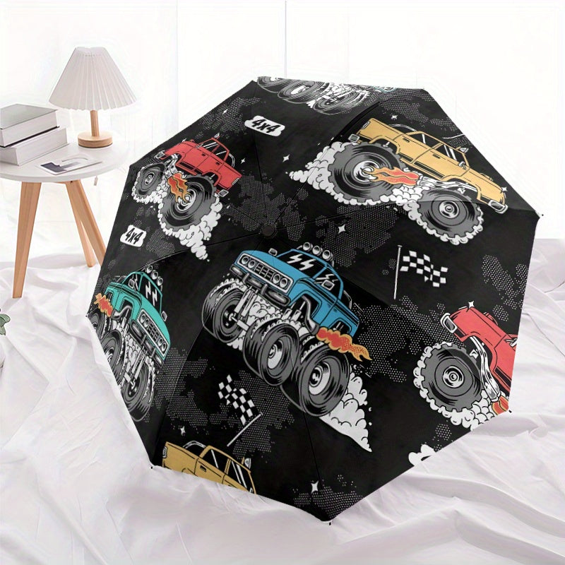 Monster Trucks Themed Automatic Umbrella - Portable Folding Umbrella with 8-Rib Durable Frame, Vibrant Monster Truck Design, Compact & Lightweight for Travel, Daily Use - Ideal Gift for Family & Friends, Umbrella for Travel,