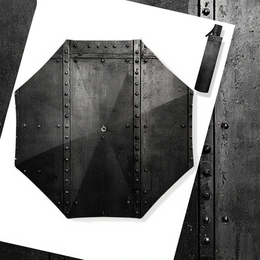 Open/Close Heavy-Duty Industrial Metal Umbrella - 8-Rib Windproof Black & Plastic Canopy, Folding Compact Umbrella for Men &, /Gothic Style  Gear, Durable Outdoor Accessory, 2D Flat