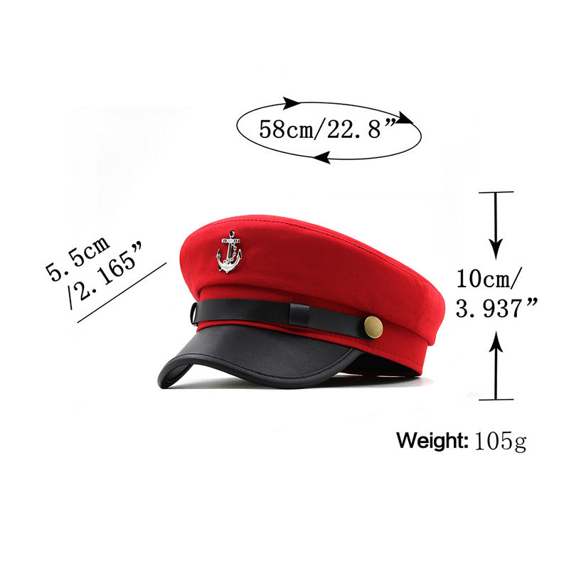 Women's Nautical Anchor Beret Hat - Red & Black Yacht with White Anchor Emblem, Adjustable Buckle Closure, Large Head Size for Face, All-Season Lightweight French-Style for Sailing, Parties & Maritime Events