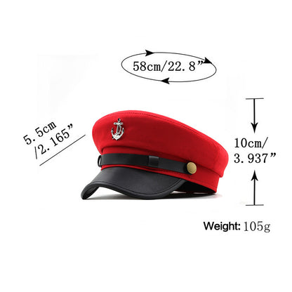 Women's Nautical Anchor Beret Hat - Red & Black Yacht with White Anchor Emblem, Adjustable Buckle Closure, Large Head Size for Face, All-Season Lightweight French-Style for Sailing, Parties & Maritime Events