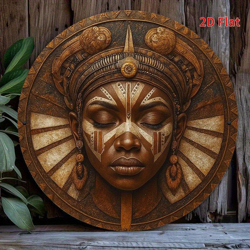 2D Flat, 1pc African Mask Round Metal Wall Art - Vibrant & Tranquil Decor for Living Room, Bedroom, Porch, Front Door - No Electricity Needed, Artistic Design with Textured Metal Finish, Perfect for Room Decor, African Home D