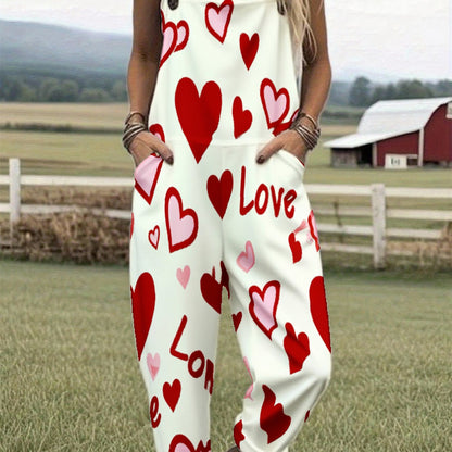 Women'S White Heart Print Love Text Overalls | Casual Summer Farm Style Outfit, V-neck, Print Pattern