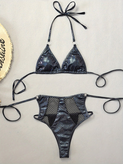 Women'S Sexy Snake-Light Be Scale Pattern Bikini - Mesh Splicing & Metal Ring Accent Swimsuit, Adjustable Back Strap Halter Neck, Breathable Quick-Dry Swimwear for Beach & Pool, European & American Style Luxury Bathing Suit