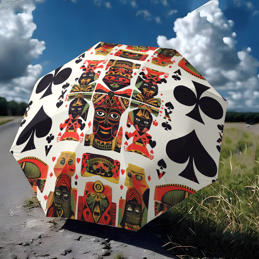 Open/Close Umbrella with African Mask Design - Red & Black Folding  Umbrella, 8-Rib Sturdy Canopy, Portable for Travel, Durable Plastic/Ferrule Frame - Unique Gift for Men & (Casual & Special Occasions)