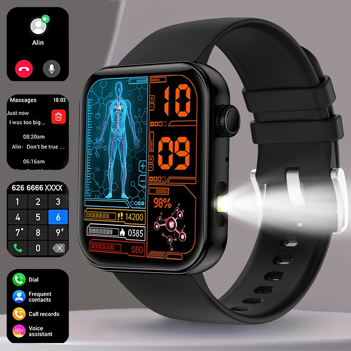 COIUSOR Smart Watch Built-In LED Flashlight, 1.85-inch HD screen, Mobile phone Synchronization information, Wireless call, information call reminder, 100+ sports mode, Fitness Smart watch, for Android mobile phones, Smart Wat