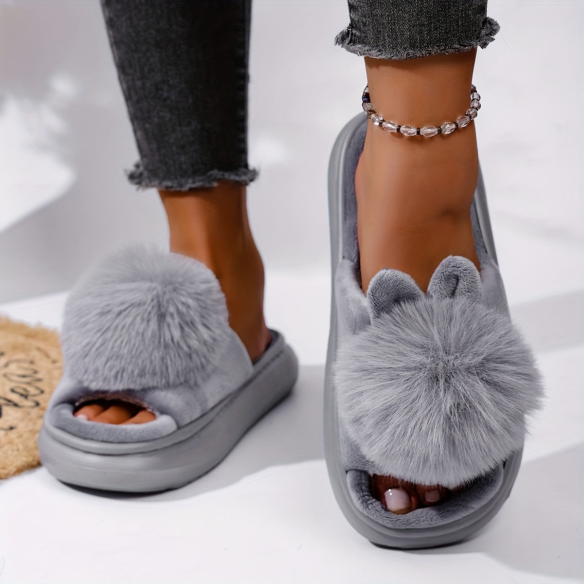 [Cozy House Shoes] 2025 New Autumn & Winter Single Ball Rabbit-Ear Design Warm Slippers for Men & Women - Couples' House Shoes with Thick Sole & Semi-Enclosed Back | Indoor/Outdoor Slides | Lightweight & Quiet Home Footwear |