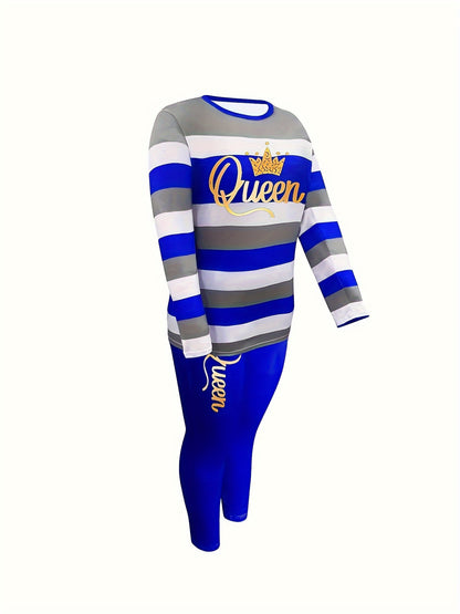 Women's Striped Long Sleeve Pants Set, Queen Letter Print, Pants with Pockets