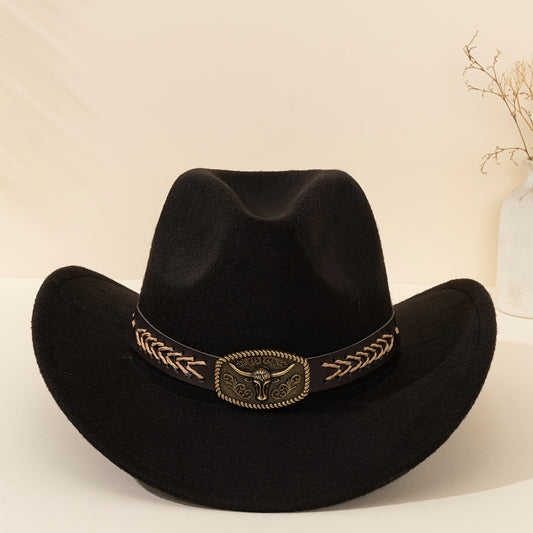 [Black Cowboy Hats] 2pcs Western Cowboy Hats - Black Fedora Cowboy Hats with Braided Band & Bull Head Design, Lightweight & Durable for Outdoor Travel, Christmas, and Casual Wear
