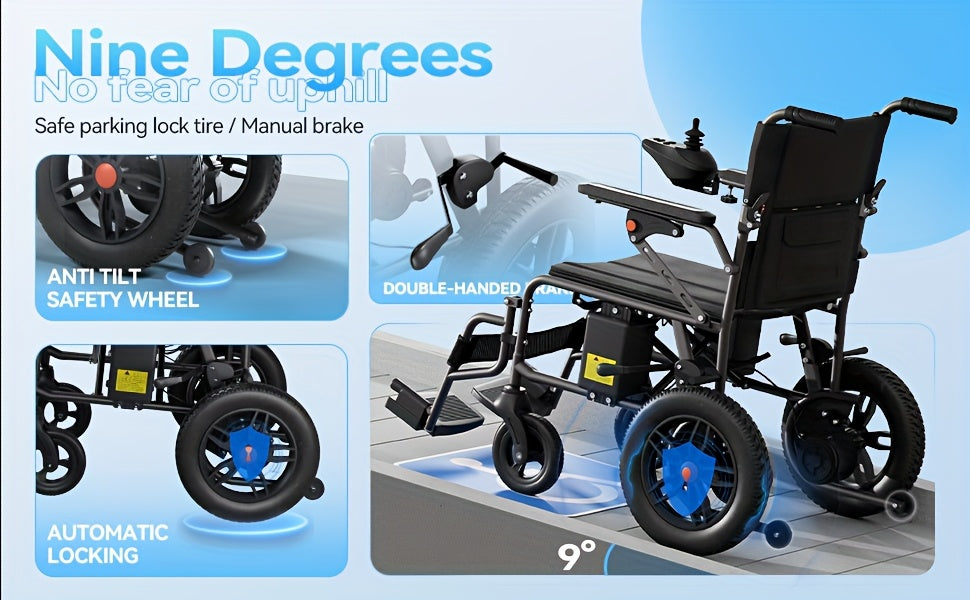 Foldable Electric Wheelchair Ldeal For Elderly, Made For AdultMobility Difficulties, 24V Lead - Acid Battery, Electromagnetic Brake System For Smooth Slope Stopping, 12 - Inch Solid Tires For All Terrains, 15km Range For Regu