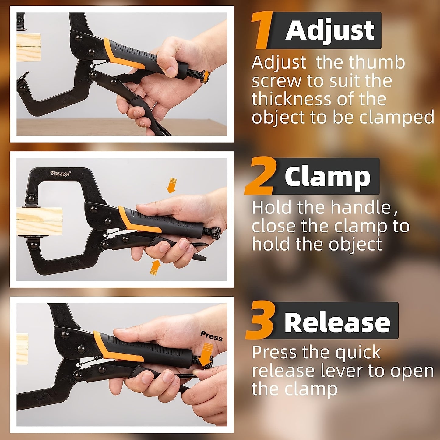 SHINYORK Black Electrophoresis Metal Face Clamp, 3pcs 6" Heavy Duty Locking C-Clamps with Adjustable Pliers and Swivel Pads, Black Electrophoresis Metal Face Clamp for Woodworking, Welding, and Automotive Repair