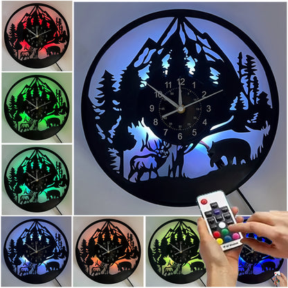 LED Lighted Forest Night Glow Wall Clock with Bear & Moose Silhouette - Modern Cabin Decor, Large Easy-Read Black Hands, Durable Vinyl Round Clock for Living Room, Bedroom, Office - Ideal Gift for Christmas, Birthday, Mother'