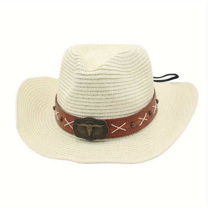 Men Women Straw Cowgirl Hat Wide Brim Stylish Bull Head Leather Belt Design Western Cap for Beach Daily Life Party