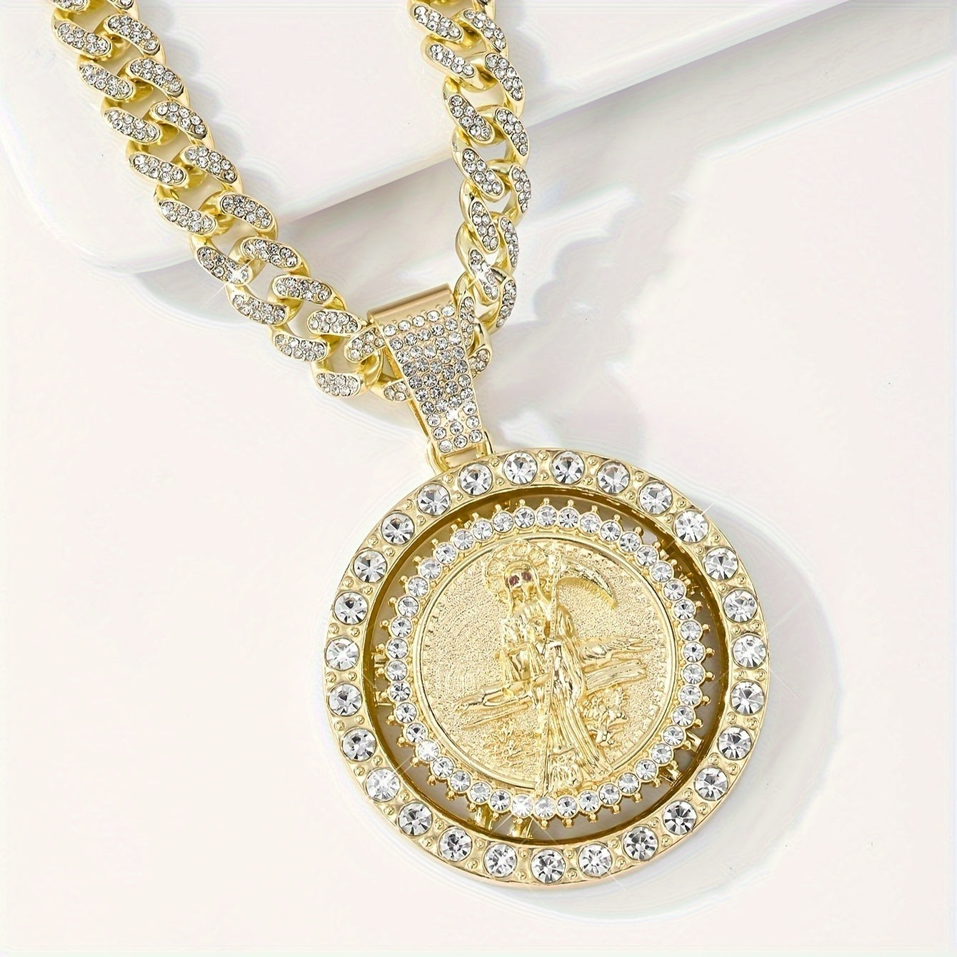 14K Gold Plated Saint Mortule God of Death Pendant Necklace - Rotating Bohemian Religious Medal Jewelry with 3A, Unisex for men & Women, Christmas/Easter Gift, Year-Round Wear (Copper Base)