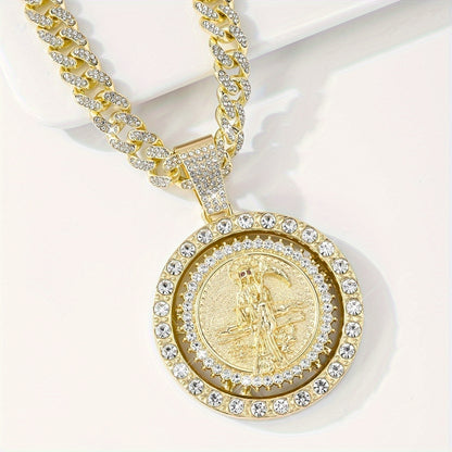 14K Gold Plated Saint Mortule God of Death Pendant Necklace - Rotating Bohemian Religious Medal Jewelry with 3A, Unisex for men & Women, Christmas/Easter Gift, Year-Round Wear (Copper Base)