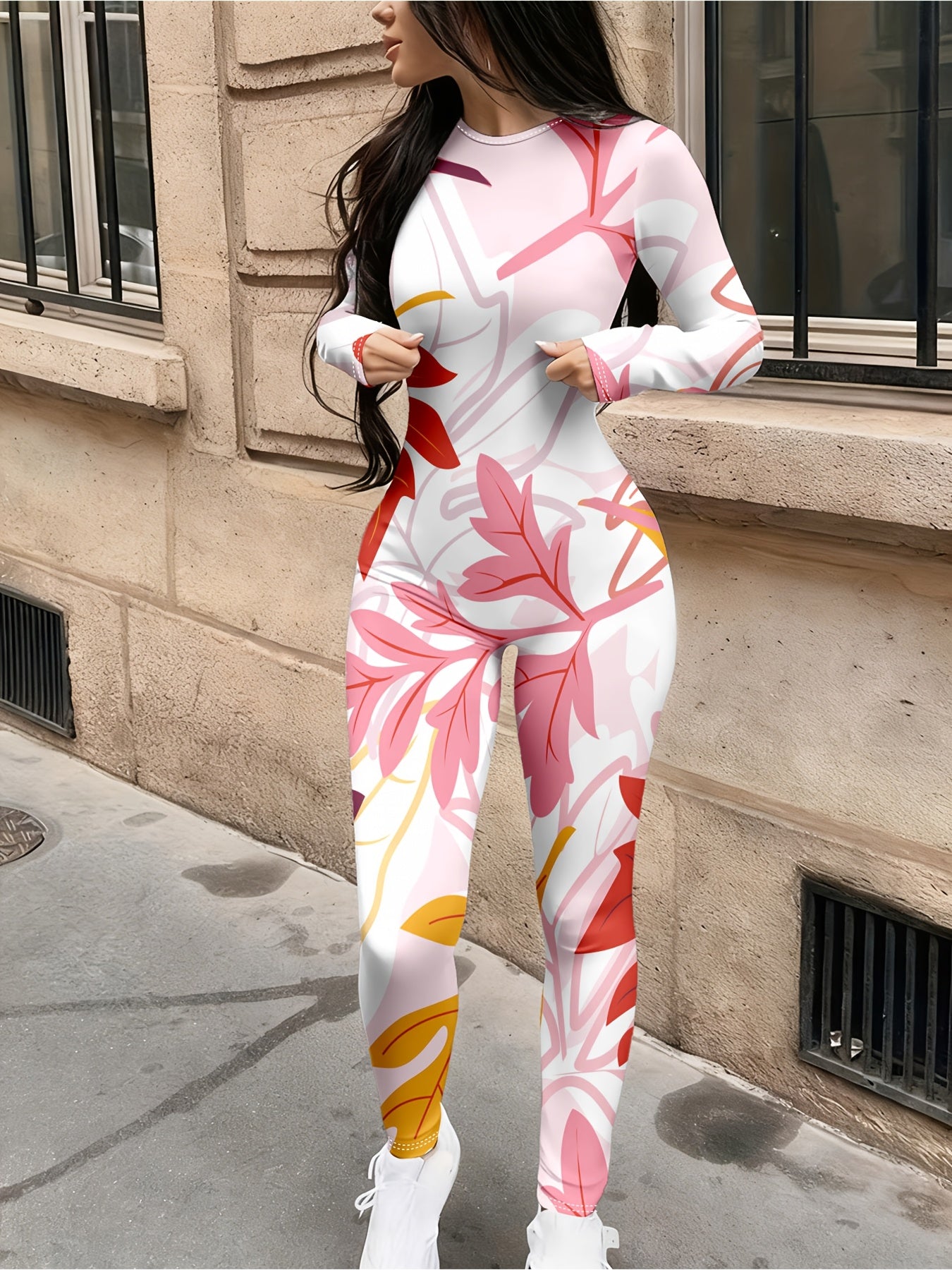 Casual Fashionable Sexy Long Sleeved Tight Fitting Jumpsuit Autumn Women's Trendy Printed Jumpsuit Top Women's Clothing
