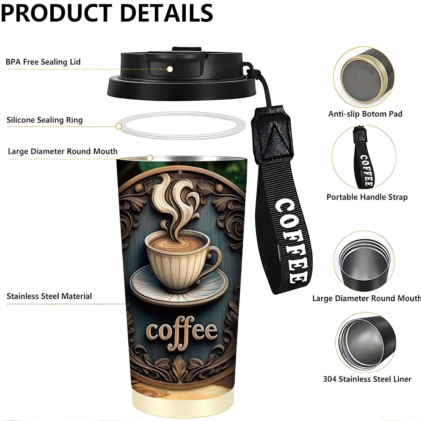 1pc 18oz Stainless Steel Insulated Travel Mug. This Is a 2D Print Retro Coffee Cup Pattern Design. Comes with Hand Strap. Comes with a Straw. Keeps Hot and Cold. Coffee Cup. Car Cup. Birthday Gift. Christmas Gift. Halloween G