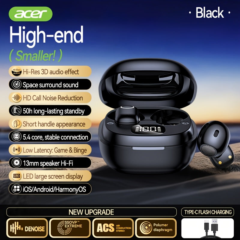 ACER TWS Wireless Earbuds with Deep Noise Reduction - 50h Long Standby, Low Latency, HIFI Stereo Sound, Touch Control, Rechargeable Lithium Battery, Ideal for Running & Sports, Sports Headphones|Ergonomic Design|Durable Plast