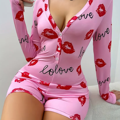 Long-Sleeved Women'S Bodysuit Pajamas Featuring a Heart And Lip Print, Designed for Lounging in a Sexy Style