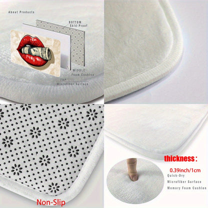 1pc Red Lips with Money Visual Door Mat - Microfiber, Absorbent, Machine Washable Polyester Rug for Bathroom, Bedroom, Living Room Entrance, Bathroom Mat | Artistic Floor Mat | Durable Floor Covering, Bathroom Decor