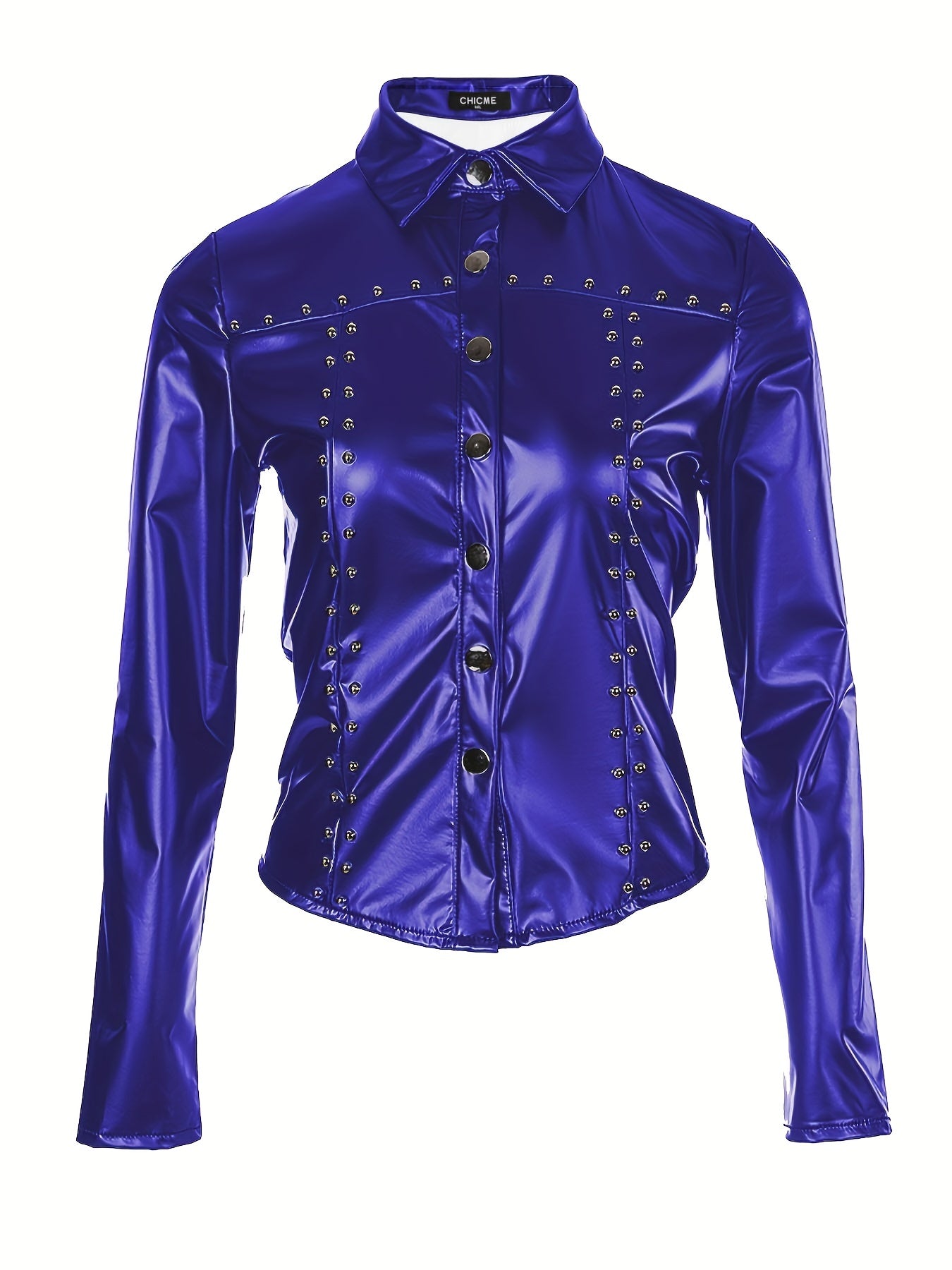 Solid PU Blouse, Sexy Slim Button Front Long Sleeve Collar Blouse, Women's Clothing