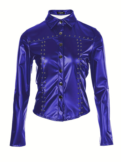 Solid PU Blouse, Sexy Slim Button Front Long Sleeve Collar Blouse, Women's Clothing