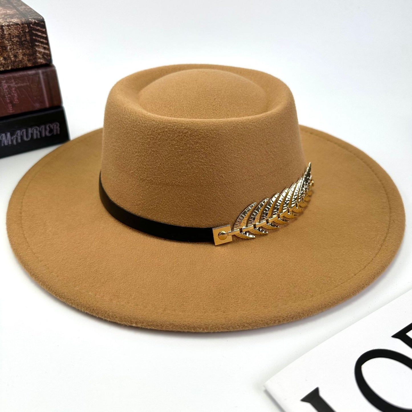 1pc Women'S Retro Wide-Brimmed Fedora Hat with Metal Crescent & Black Leather-like Band - Vibrant Orange/Red/Green/Black/Navy Blue/Purple/White - Elegant Non-Stretch Design for Autumn Winter, Music Festivals, Christmas & Dail