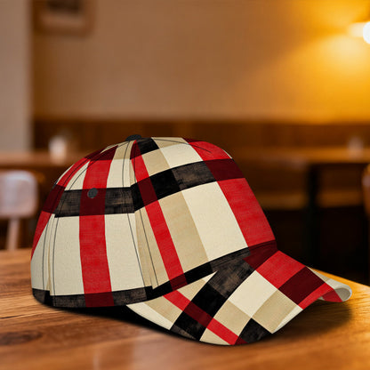 1pc Plaid Pattern in Beige and Red Print Classic Baseball Cap | Lightweight Adjustable Duckbill Hat, Perfect for Daily Wear, Comfortable Fit for Dates, Fiber, Hand Wash or Professional Dry Clean