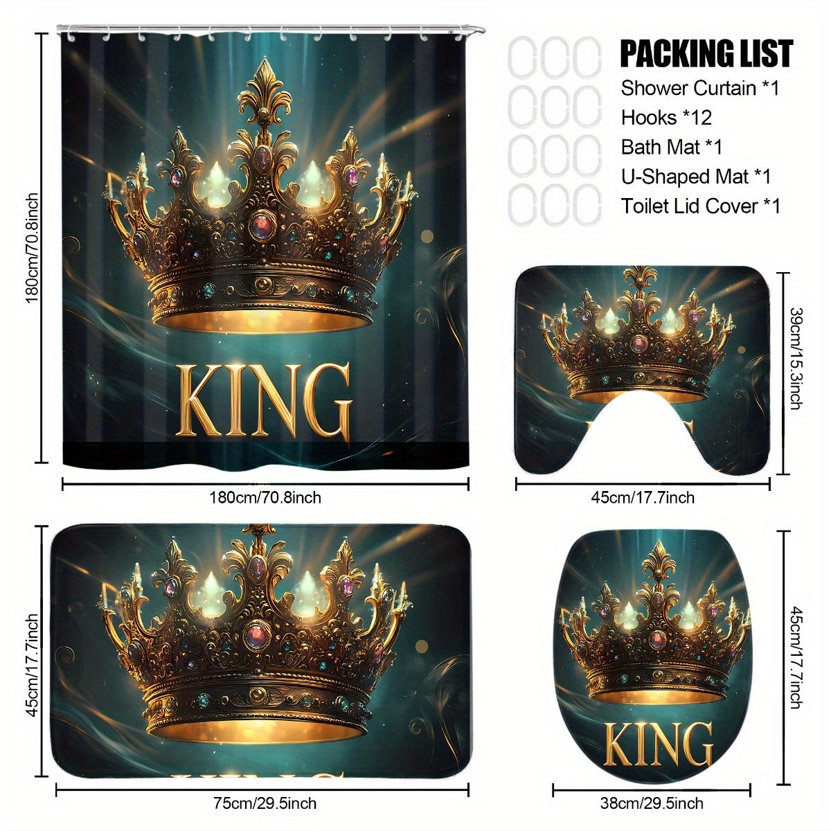 4pcs King Pattern Shower Curtain Set, Fashion Bathroom Curtain Set with 12 Hooks Included, Matching Anti Slip Mats & Toilet Covers, Modern Bathroom Accessories Ideal for Home Decor & Housewarming Gift