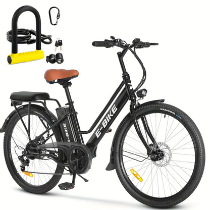 Electric Bike For Adults, 26 Inch Step Through Electric City Cruiser Bicycle, 350W Commuter Ebike With 36V Removable Battery And 7-Speed Gears, Electric Street Bike Women&Men