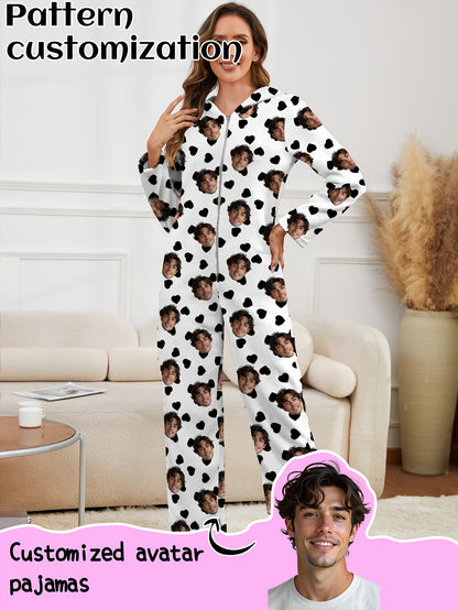Custom Women'S Onesie Pajamas - Flannel Fleece Lined Heart Print | Zippered, Warm & Thick Loungewear | Customizable With Idol Merch, Face, Anime & Pet | Creative Christmas Gift/Couple Memorial | Perfect For Parties, Birthdays
