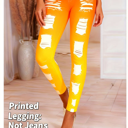 [Printed Pants - Not Denim Fabric] Printed Legging - Not Denim Fabric - Christmas Plus Size Women's Digital Print Denim-Look Leggings, Stretch Polyester, All-Season Casual Slim-Fit Pants, Regular Fit, Adult Sizes, Machine Was