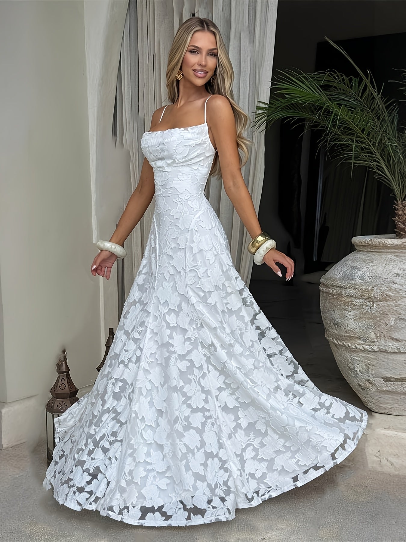 Elegant -Line Maxi Dress - Spaghetti Strap Square Neck Ruched Back Crisscross Suspender Dress, Solid Color Formal Party Wedding Guest Gown, Slim-Fit European Luxury Evening Dress for Spring/Summer (Machine Washable)