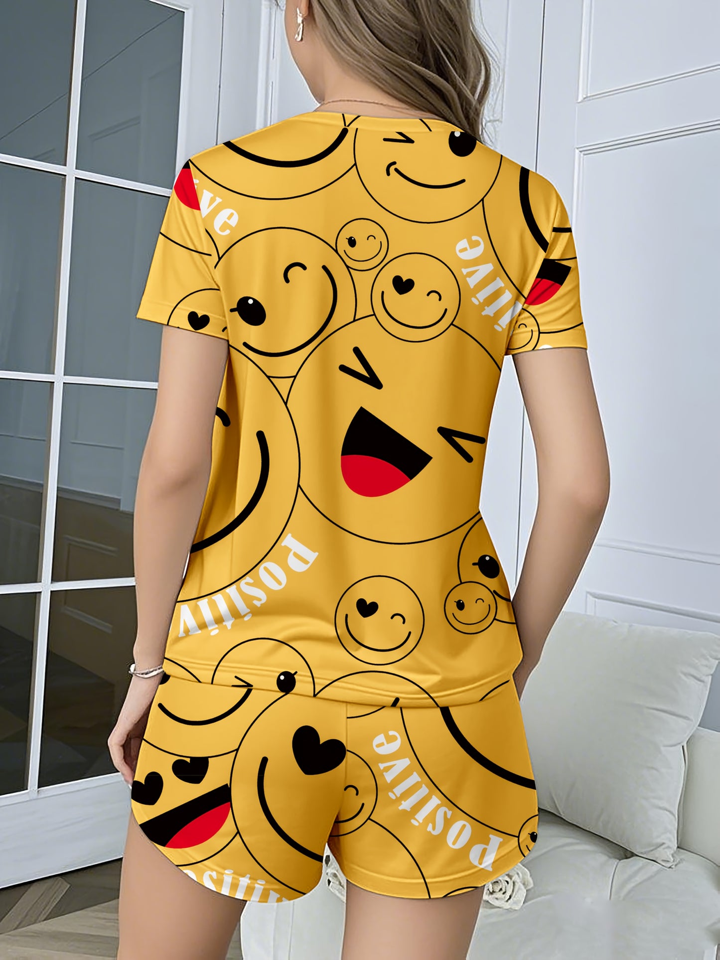 Women's Pajamas Women's Casual Sleepwear Happy Theme Patterned Pajama Set, Soft Loose Fit Short Sleeve Top with Elastic Pants, Machine Washable and Dry Cleanable, Perfect Sleeping Choice