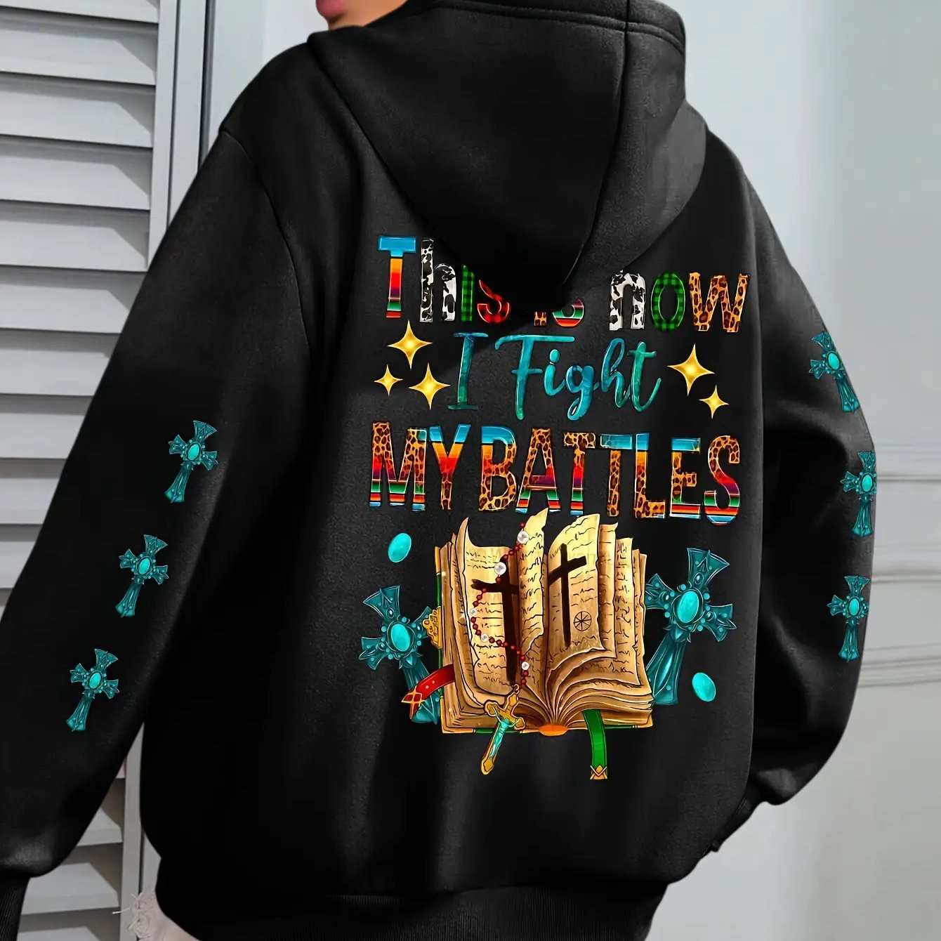 Women's Christian Bible Verse Hooded Sweatshirt "This Is How I Fight My Battles" with Cross & Prayer Hands Print - Winter Warm Hoodie, Long Sleeve Religious Apparel for Church, Prayer Meeting & Christmas (Gray) - Casual Faith