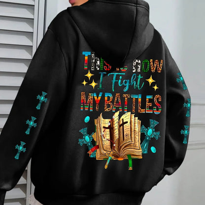 Women's Christian Bible Verse Hooded Sweatshirt "This Is How I Fight My Battles" with Cross & Prayer Hands Print - Winter Warm Hoodie, Long Sleeve Religious Apparel for Church, Prayer Meeting & Christmas (Gray) - Casual Faith