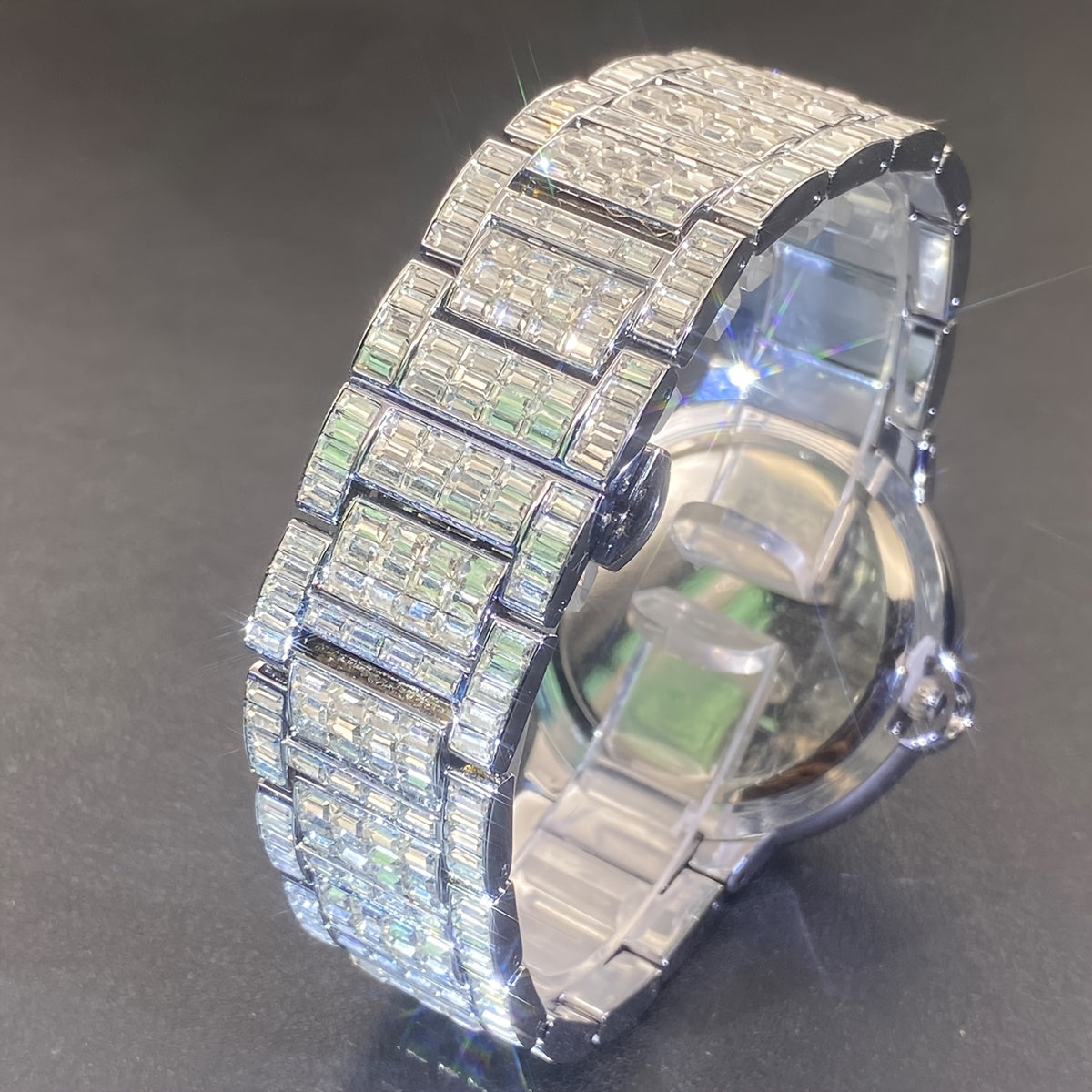 1pc PLADEN Luxury Men'S Square Ice Watch with Rhinestones, Fashion Hip-Hop Faux Faux Faux Gemstone, Round Dial, Alloy Band, Quartz Movement, Battery Operated, Water Resistant, for Party, New Year, Independence Day, Ramadan