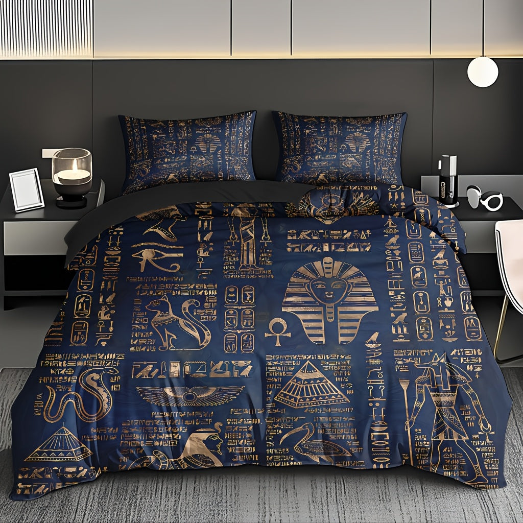 Ancient Egyptian Symbols Duvet Cover Set - Soft High-Definition Digital Print, Blue Polyester, Includes Duvet Cover And Pillowcases, All-Season Use, Perfect Gift For Family And Friends, Machine Washable, Easy Care
