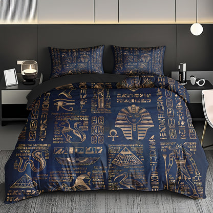 Ancient Egyptian Symbols Duvet Cover Set - Soft High-Definition Digital Print, Blue Polyester, Includes Duvet Cover And Pillowcases, All-Season Use, Perfect Gift For Family And Friends, Machine Washable, Easy Care