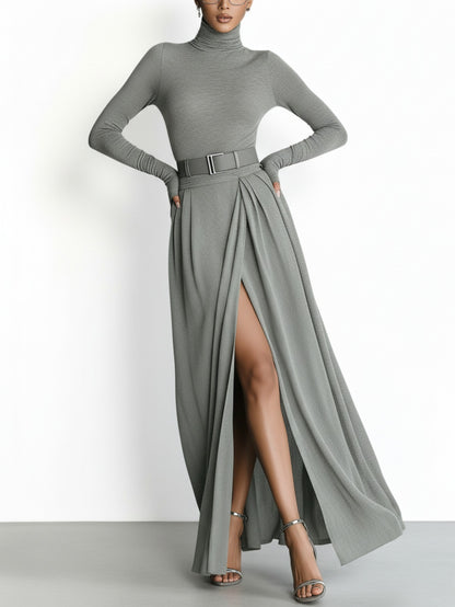 ' Gray Turtleneck Waist-Cinched Belt & Slit Maxi Dress - Elegant Fitted Workwear Dress Suitable for Daily Commute, Office, Weddings, Parties - Solid Color Winter Dress