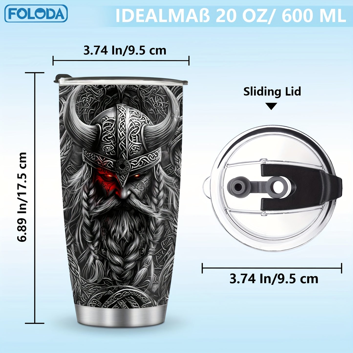 Foloda 20oz Viking Stainless Steel Tumbler with Leak-Proof Lid & Straw, BPA-Free Insulated Travel Mug, Oval Ergonomic Grip, Norse Warrior Design for Hot/Cold Drinks - Durable Outdoor Drinkware, Bpafree Material