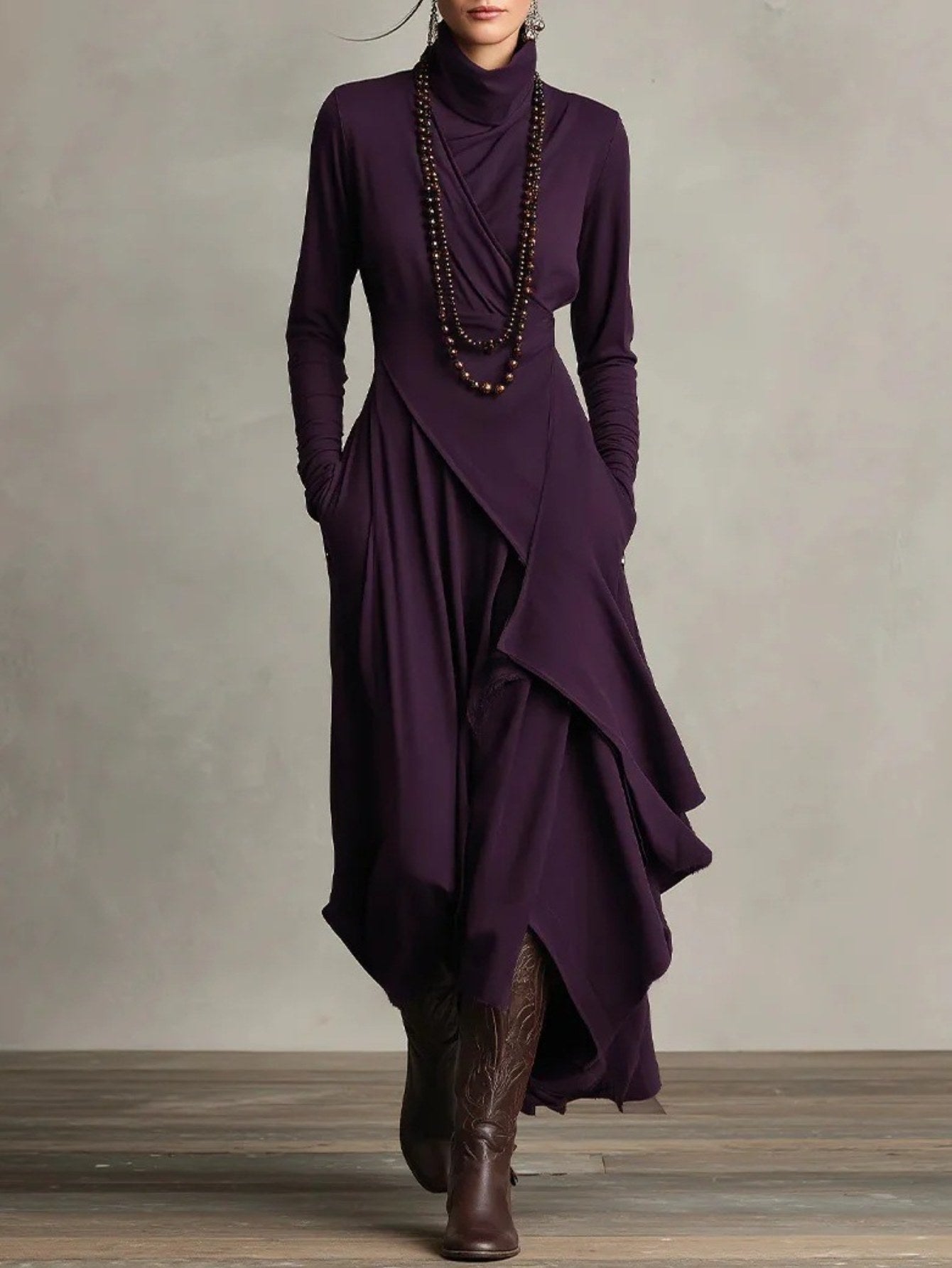 Plus Size - HERTALK Women'S Solid Color Long-Sleeved Cross High-Neck Dress Long Dress