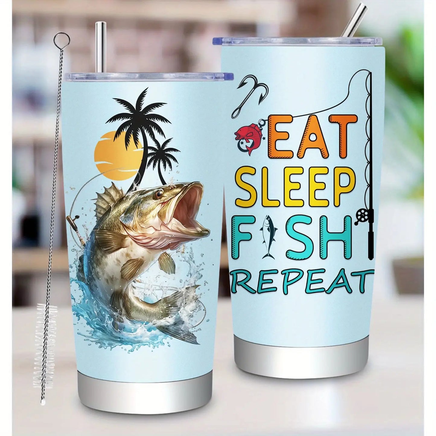 1pc 20oz Stainless Steel Insulated Fishing Tumbler with Cleaning Brush - Double-Wall Vacuum Insulation, Leakproof & -Slip Grip, BPA-Free Travel Mug with Fish Design & "Eat Sleep Fish Repeat" Slogan, Spill-Resistant Lid for Ho