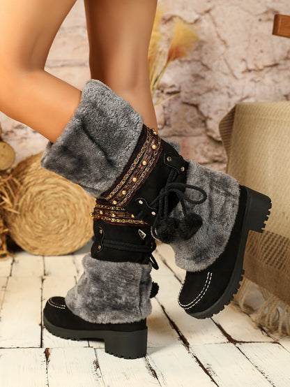Ethnic Cowboy Boots for Men - Women's Mid-Calf Boots - High Heel Ankle Boots with Faux Fur Lining - Autumn and Winter
