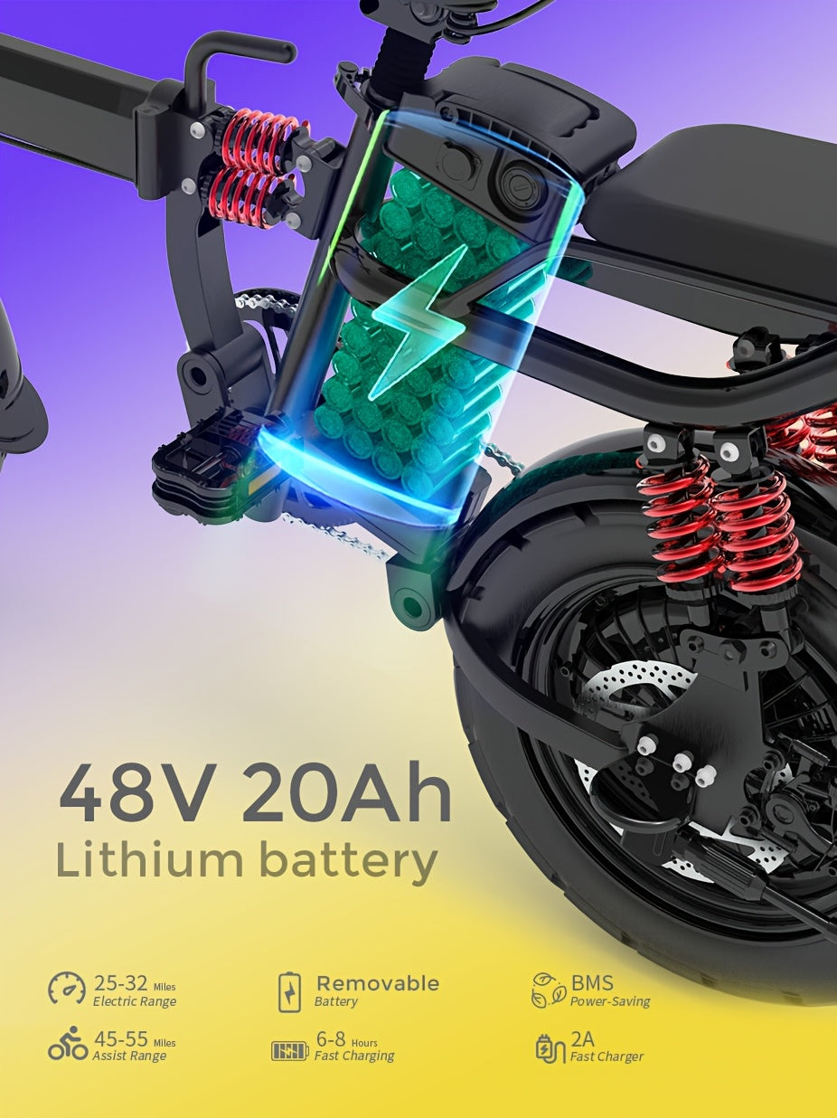 700W Folding E-Bike for Adults: Tackle 25° Hills & 20MPH Speeds. 35-Mile Range with 48V 20Ah Removable Battery, 385LBS Capacity & 11-Layer Shock Absorption for A Smooth Ride. Your All-in-One Commute & Adventure Solution