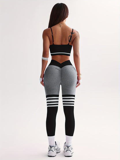3pcs Women's Full Athletic Set - Seamless Striped Quick-Dry Sports Bra, Tight-Fitting Long Sleeve Gym Pants with Moai Panel Technology | High-Elasticity Moisture-Wicking Fabric for Running, Gymnastics, Training Outfit (All-Se