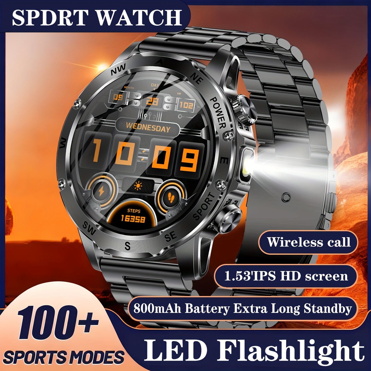 Men'S Smart Watch, Waterproof Smart Watch, Suitable for Outdoor Sports, IP68 Deep Waterproof, Waterproof Speaker, LED Flashlight, Call Answering, Music Control, 800Mah Battery, Compass, Compatible with Iphone And Android Phon
